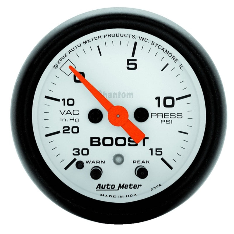 Autometer Phantom 52mm 30 in Hg-Vac/15PSI FS Electronic Vacuum/Boost w/ Peak Memory & Warning Gauge - Burkken Auto Parts
