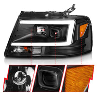 ANZO 2004-2008 Ford  F-150 Projector Headlights w/ Light Bar Black Housing - Burkken Auto Parts