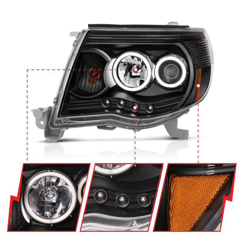 ANZO 2005-2011 Toyota Tacoma Projector Headlights w/ Halo Black - Burkken Auto Parts