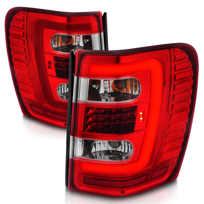 ANZO 1999-2004 Jeep Grand Cherokee LED Tail Lights w/ Light Bar Chrome Housing Red/Clear Lens - Burkken Auto Parts