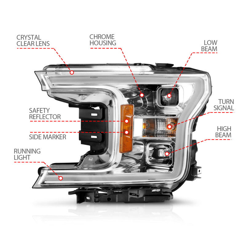 ANZO 18-19 Ford F-150 Projector Headlights w/Plank Style Switchback Chrome w/Amber - Burkken Auto Parts