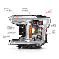 ANZO 18-19 Ford F-150 Projector Headlights w/Plank Style Switchback Chrome w/Amber - Burkken Auto Parts