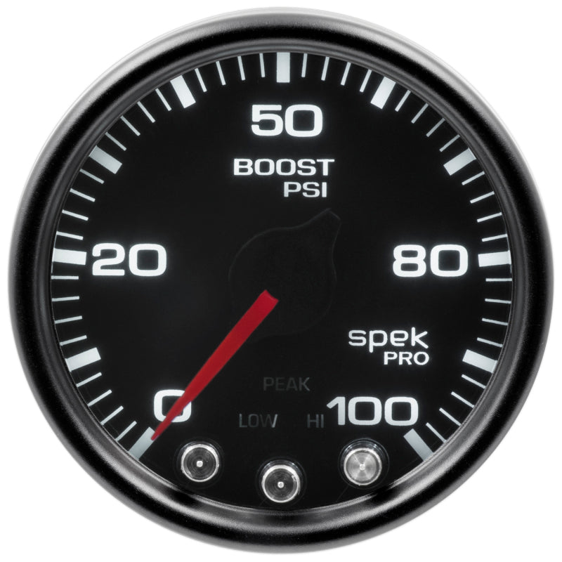 Autometer Spek-Pro Gauge Boost 2 1/16in 100psi Stepper Motor W/Peak & Warn Blk/Smoke/Blk - Burkken Auto Parts