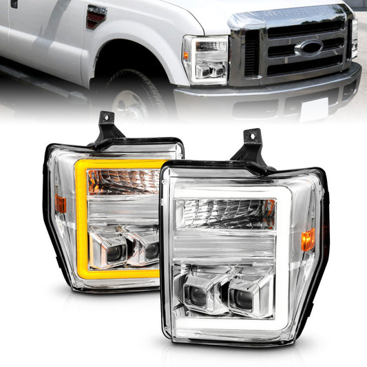ANZO 08-10 Ford F-250 - F-550 Super Duty Projector Headlights w/ Light Bar Switchback Chrome Housing - Burkken Auto Parts