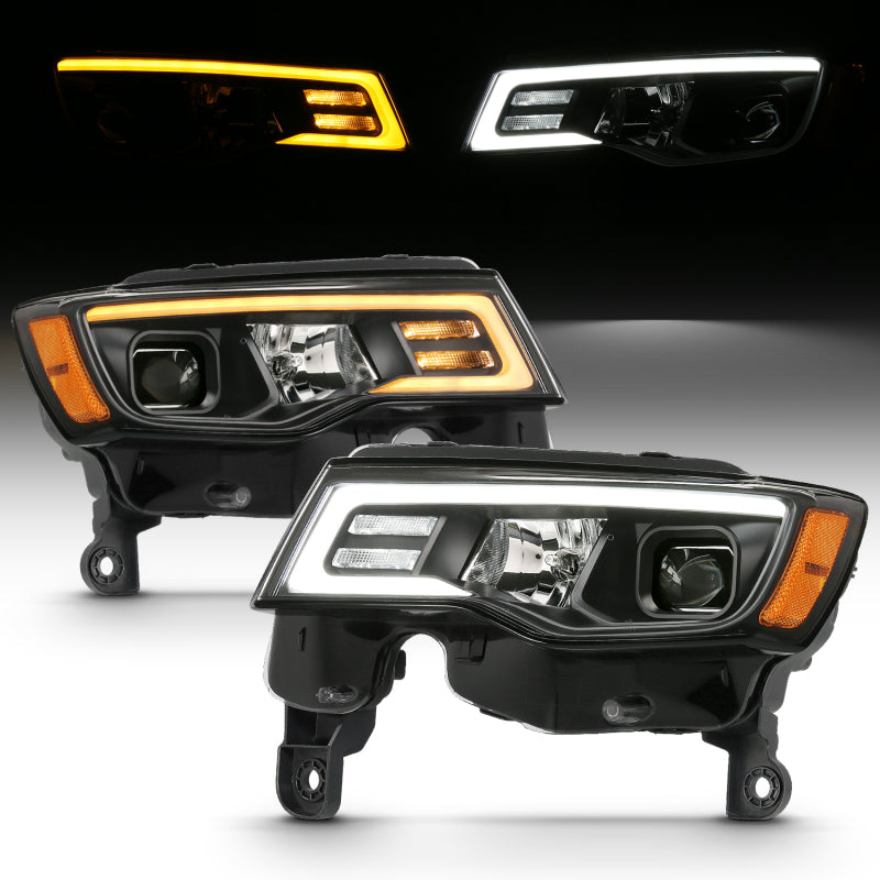 ANZO 2017-2018 Jeep Grand Cherokee Projector Headlights w/ Plank Style Switchback - Black w/ Amber - Burkken Auto Parts