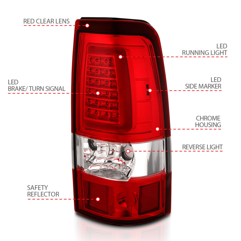 ANZO 1999-2002 Chevy Silverado 1500 LED Taillights Plank Style Chrome With Red/Clear Lens - Burkken Auto Parts