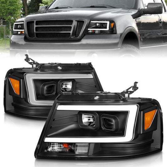 ANZO 2004-2008 Ford  F-150 Projector Headlights w/ Light Bar Black Housing - Burkken Auto Parts