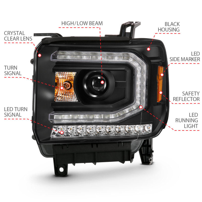 ANZO 2016-2019 GMC Sierra 1500 Projector Headlight Plank Style Black w/ Sequential Amber Signal - Burkken Auto Parts
