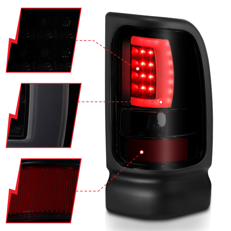 ANZO 1994-2001 Dodge Ram 1500 LED Taillights Plank Style Black w/Smoke Lens - Burkken Auto Parts