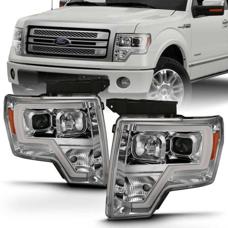 ANZO 2009-2014 Ford F-150 Projector Headlight Plank Style Chrome Amber - Burkken Auto Parts