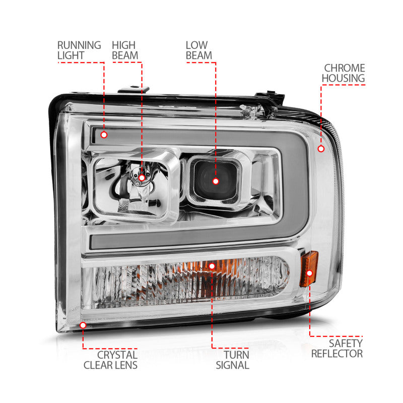 ANZO 99-04 Ford F250/F350/F450/Excursion (excl 99) Projector Headlights - w/Light Bar Chrome Housing - Burkken Auto Parts