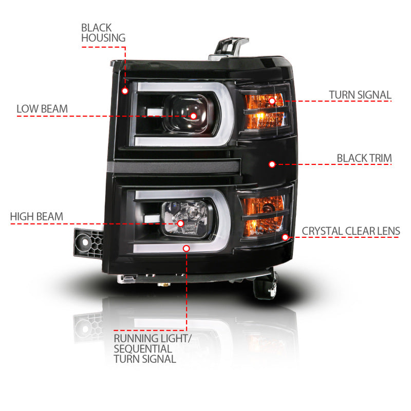 ANZO 14-15 Chevy Silverado 1500 Black Dual Switchback+Sequential LED Tube Sq. Projector Headlights - Burkken Auto Parts