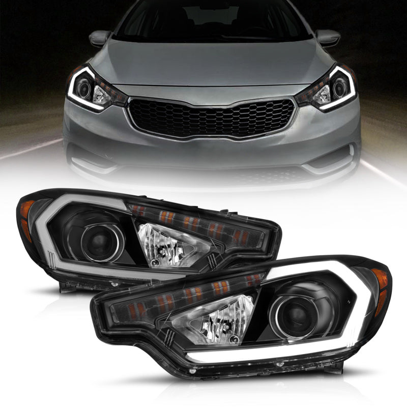ANZO 2014-2016 Kia Forte Projector Headlights w/ Light Bar Black Housing w/ DRL - Burkken Auto Parts