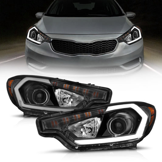 ANZO 2014-2016 Kia Forte Projector Headlights w/ Light Bar Black Housing w/ DRL - Burkken Auto Parts