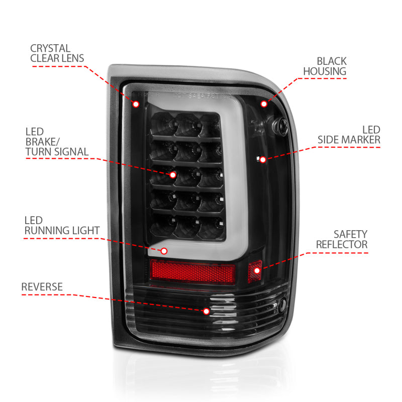 ANZO 1993-1997 Ford  Ranger LED Tail Lights w/ Light Bar Black Housing Clear Lens - Burkken Auto Parts