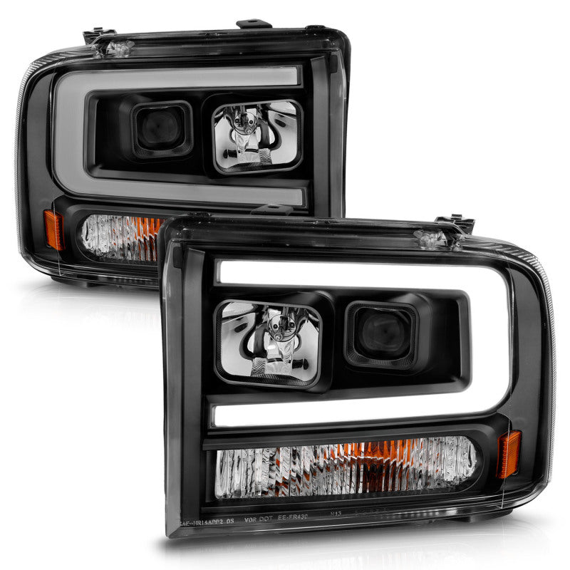 ANZO 99-04 Ford F250/F350/F450/Excursion (excl 99) Projector Headlights - w/ Light Bar Black Housing - Burkken Auto Parts