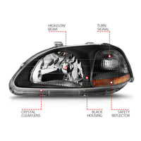 ANZO 1996-1998 Honda Civic Crystal Headlights Black - Burkken Auto Parts