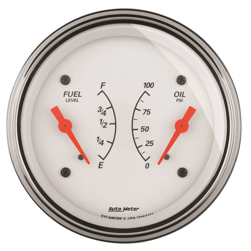 AutoMeter Gauge Dual Fuel & Oilp 3-3/8in. 0 Ohm(e) to 90 Ohm(f)& 100PSI Elec Arctic White - Burkken Auto Parts