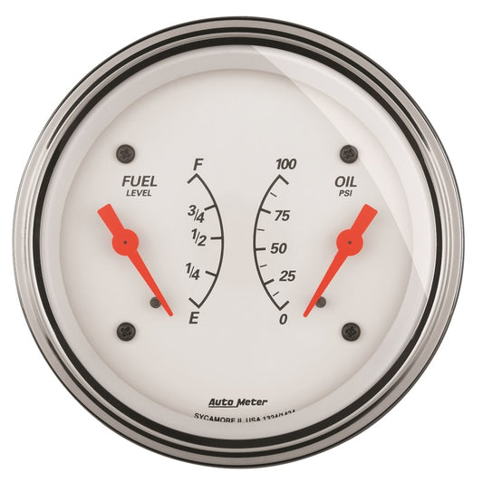 AutoMeter Gauge Dual Fuel & Oilp 3-3/8in. 0 Ohm(e) to 90 Ohm(f)& 100PSI Elec Arctic White - Burkken Auto Parts