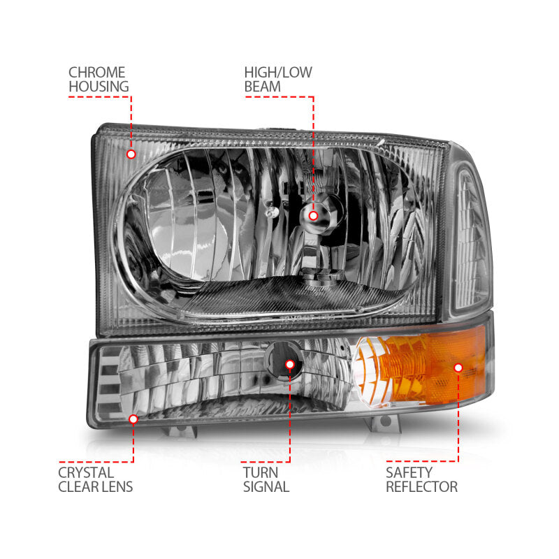 ANZO 2000-2004 Ford Excursion Crystal Headlights Chrome w/ Corner Lights 2pc - Burkken Auto Parts