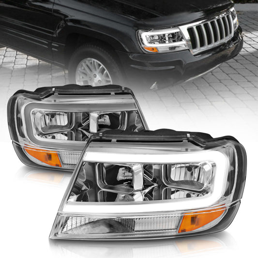 ANZO 1999-2004 Jeep Grand Cherokee Crystal Headlights w/ Light Bar Chrome Housing - Burkken Auto Parts