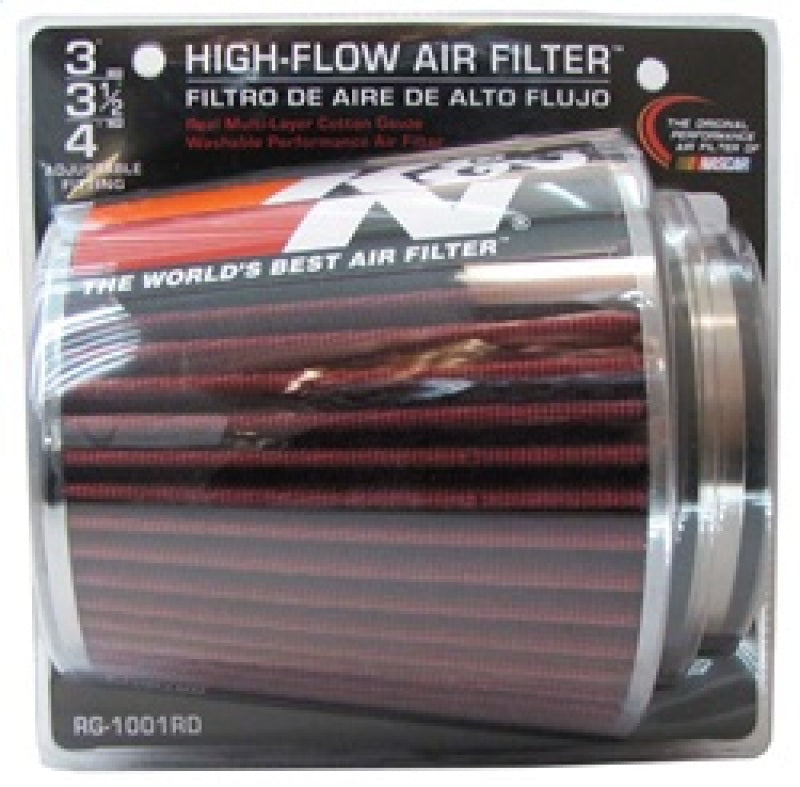 K&N Universal Air Filter Chrome Round Tapered Red - 4in Flange ID x 1.125in Flange Length x 5.5in H - Burkken Auto Parts