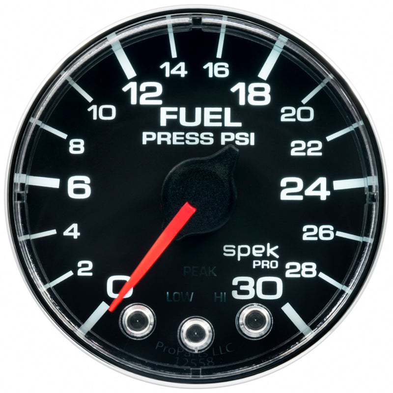 Autometer Spek-Pro Gauge Fuel Press 2 1/16in 30psi Stepper Motor W/Peak & Warn Blk/Chrm - Burkken Auto Parts