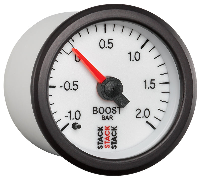 Autometer Stack 52mm -1 to +2 Bar T-Fitting 0.187in Barb (M) Mechanical Boost Pressure Gauge - White - Burkken Auto Parts