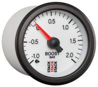 Autometer Stack 52mm -1 to +2 Bar T-Fitting 0.187in Barb (M) Mechanical Boost Pressure Gauge - White - Burkken Auto Parts