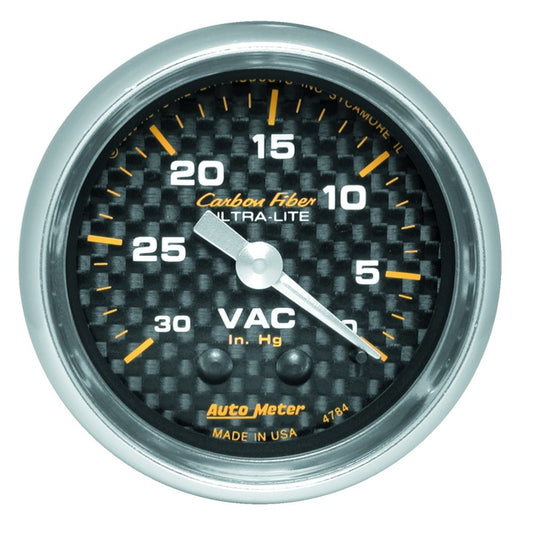 Autometer 2-1/16in Vacuum Gauge Carbon Fiber Mechanical 30Hg - Burkken Auto Parts