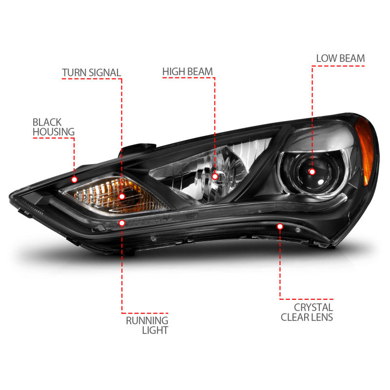 ANZO 2013-2015 Hyundai Genesis Projector Headlights w/ Plank Style Design Black (HID Compatible) - Burkken Auto Parts