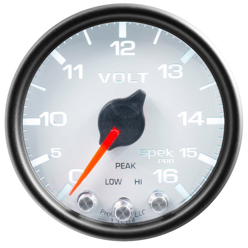 Autometer Spek-Pro Gauge Voltmeter 2 1/16in 16V Stepper Motor W/Peak & Warn Wht/Blk - Burkken Auto Parts