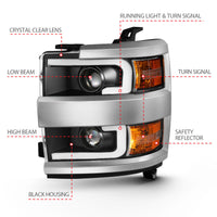 ANZO 2015-2016 Chevrolet Silverado Projector Headlights w/ Plank Style Design Black w/ Amber - Burkken Auto Parts