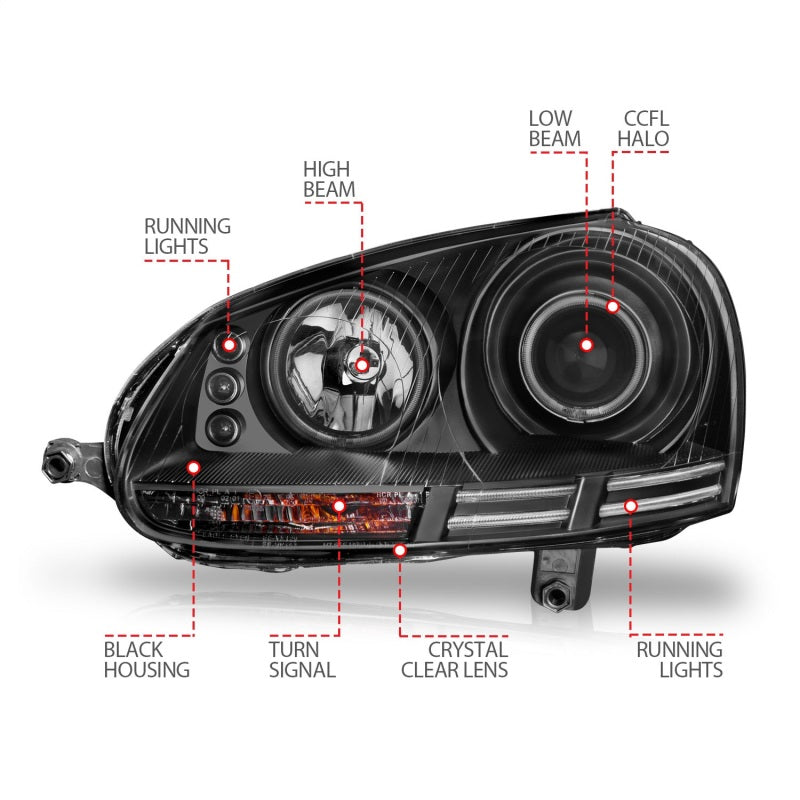 ANZO 2006-2009 Volkswagen Rabbit Projector Headlights w/ Halo Black (CCFL) - Burkken Auto Parts
