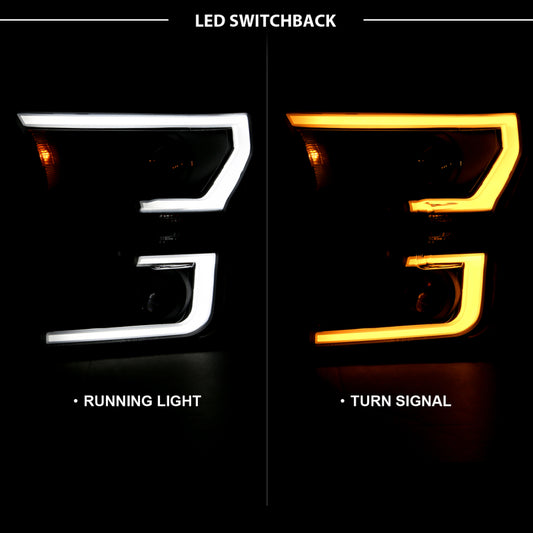 ANZO 2015-2017 Ford F-150 Projector Headlights w/ Plank Style Switchback Black w/ Amber - Burkken Auto Parts