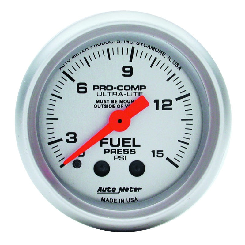 Autometer Ultra-Lite 2-1/16in 0-15 PSI Mechanical Fuel-Pressure Gauge w/ Isolator - Burkken Auto Parts