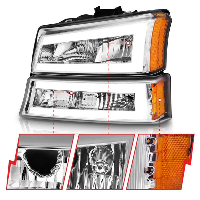 ANZO 2003-2006 Chevrolet Silverado 1500 Crystal Headlights w/ Light Bar Chrome Housing - Burkken Auto Parts