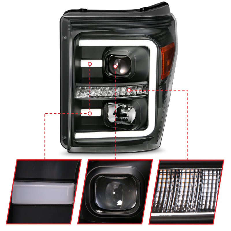 ANZO 2011-2016 Ford F250 Projector Headlights w/ Plank Style Switchback Black w/ Amber - Burkken Auto Parts