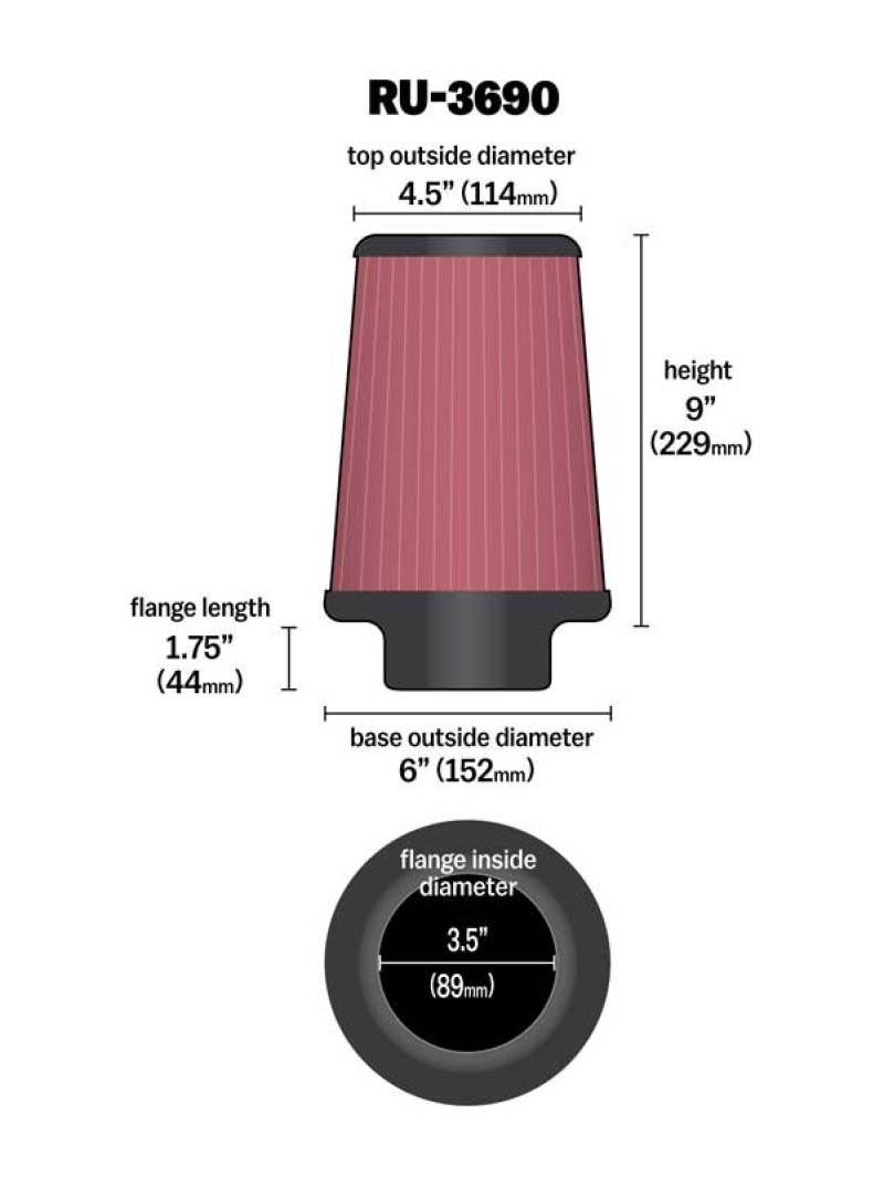 K&N Universal Clamp-On Air Filter 3-1/2in FLG / 6in B / 4-1/2in T / 9in H - Burkken Auto Parts