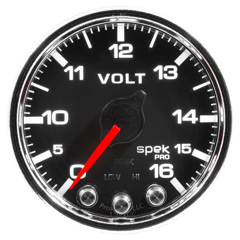 Autometer Spek-Pro Gauge Voltmeter 2 1/16in 16V Stepper Motor W/Peak & Warn Blk/Chrm - Burkken Auto Parts