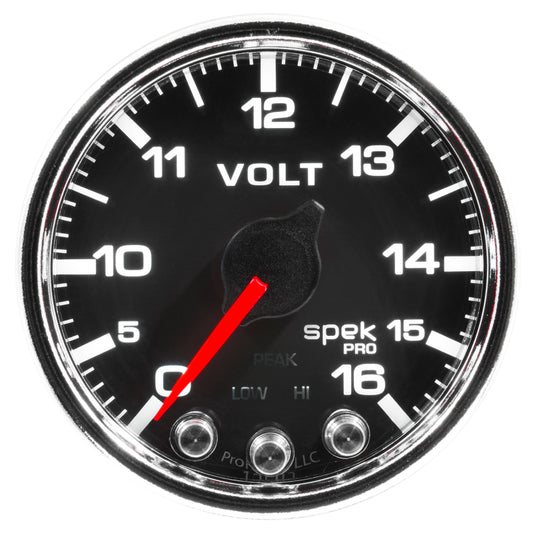 Autometer Spek-Pro Gauge Voltmeter 2 1/16in 16V Stepper Motor W/Peak & Warn Blk/Chrm - Burkken Auto Parts