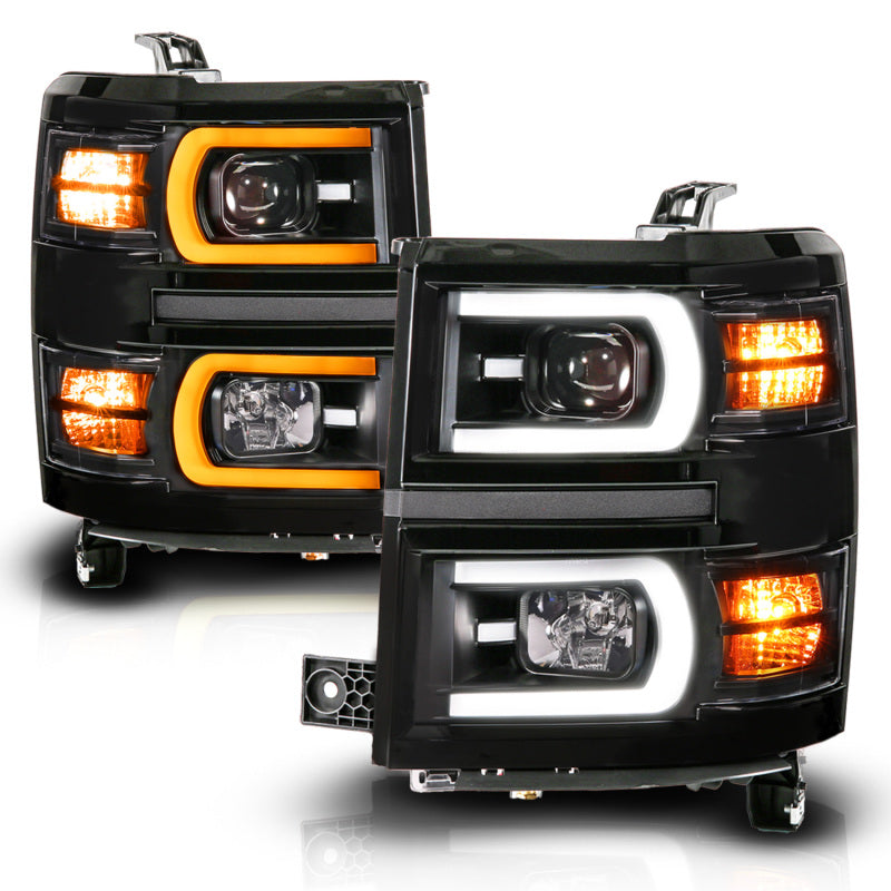 ANZO 14-15 Chevy Silverado 1500 Black Dual Switchback+Sequential LED Tube Sq. Projector Headlights - Burkken Auto Parts