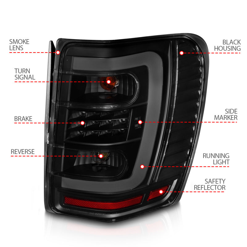 ANZO 1999-2004 Jeep Grand Cherokee LED Tail Lights w/ Light Bar Black Housing Smoke Lens - Burkken Auto Parts