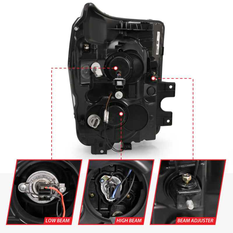 ANZO 11-16 Ford F-250/F-350/F-450 Projector Headlights w/ Plank Style Switchback Chrome w/Amber - Burkken Auto Parts