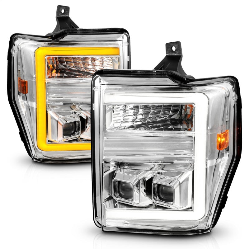 ANZO 08-10 Ford F-250 - F-550 Super Duty Projector Headlights w/ Light Bar Switchback Chrome Housing - Burkken Auto Parts