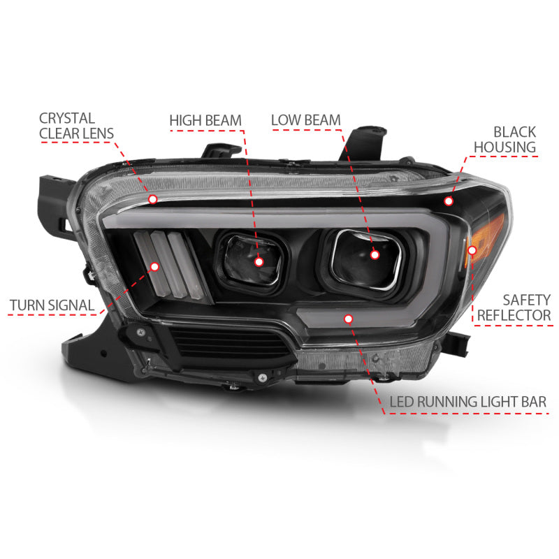 ANZO 2016-2017 Toyota Tacoma Projector Headlights w/ Plank Style Design Black/Amber w/ DRL - Burkken Auto Parts