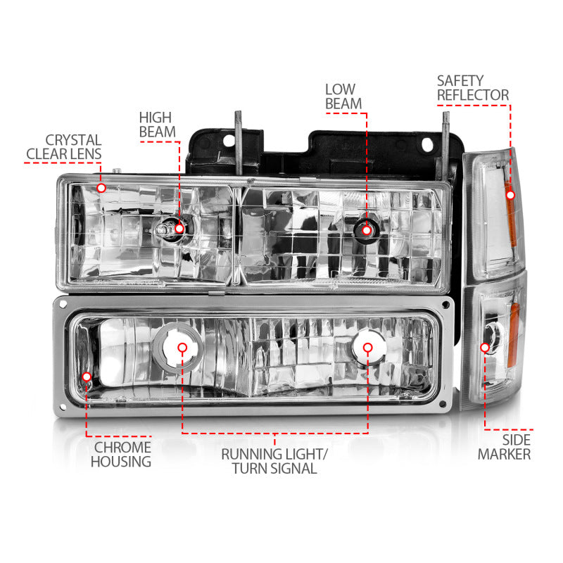 ANZO 88-98 Chevrolet C1500 Crystal Headlights Chrome w/ Signal and Side Marker Lights - Burkken Auto Parts