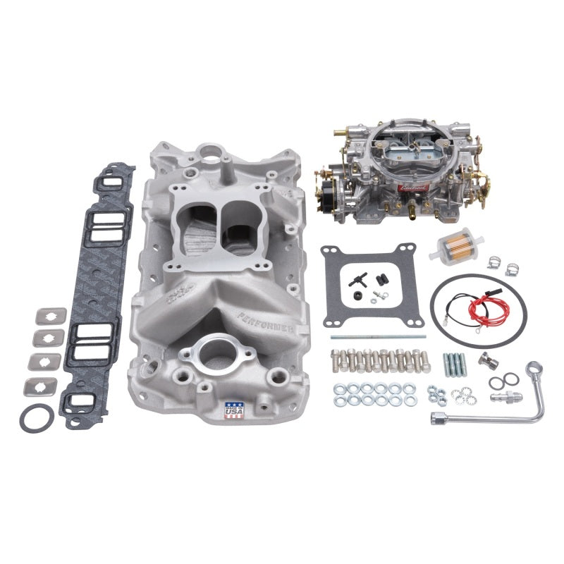 Edelbrock Manifold And Carb Kit Performer Air-Gap Small Block Chevrolet 1957-1986 Natural Finish - Burkken Auto Parts