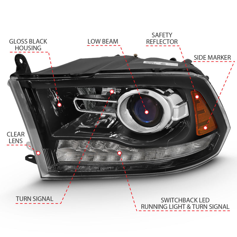 ANZO 2009-2018 Dodge Ram 1500 Projector Plank Style Switchback H.L Halo Black Amber (OE Style) - Burkken Auto Parts