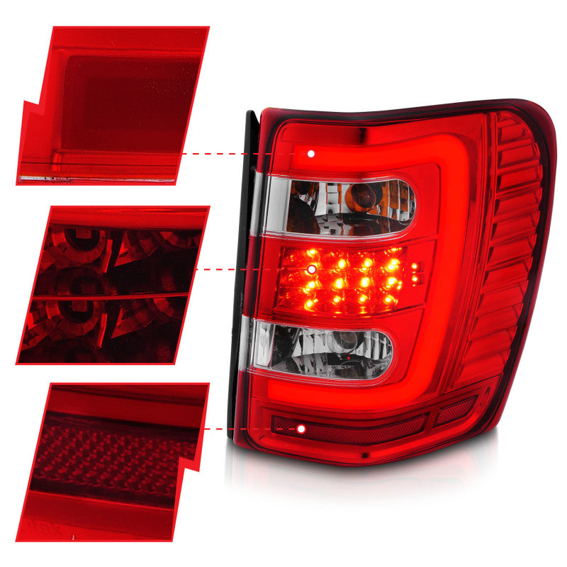 ANZO 1999-2004 Jeep Grand Cherokee LED Tail Lights w/ Light Bar Chrome Housing Red/Clear Lens - Burkken Auto Parts